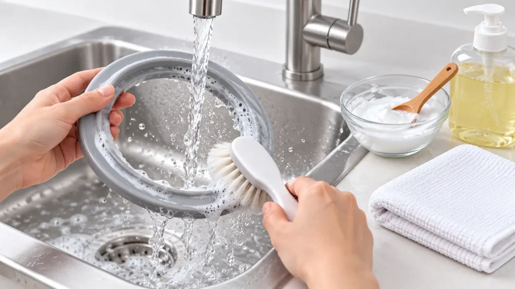 Cleaning a removable silicone gasket with mild dish soap, warm water and a soft brush