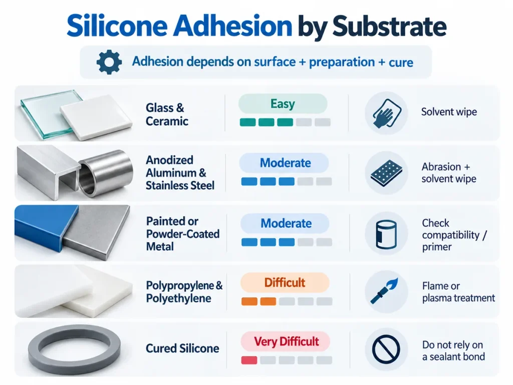 Silicone adhesion difficulty by substrate including glass, metal, polypropylene, polyethylene and cured silicone