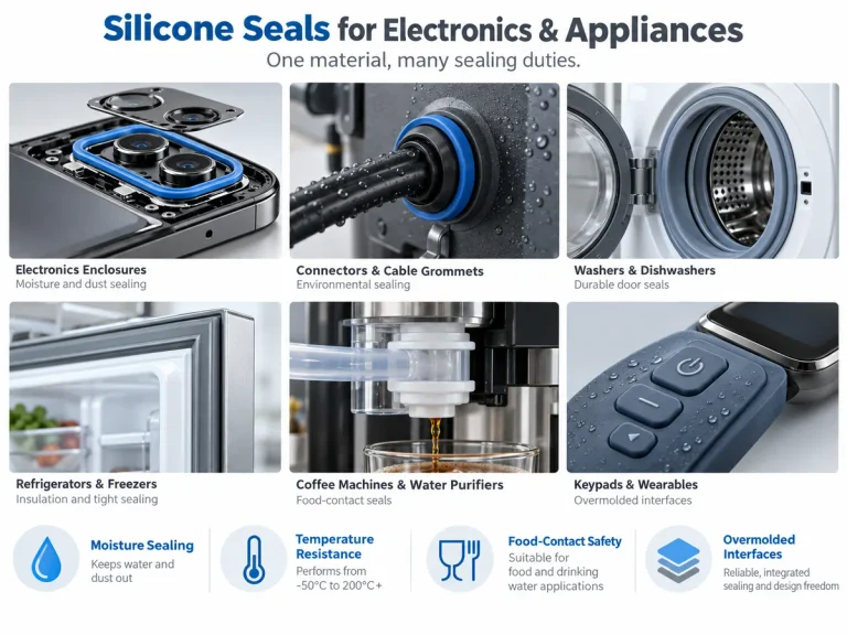 Silicone seals for electronics and appliances including phone enclosures, cable grommets, washer door seals, refrigerator gaskets, coffee machines and keypads
