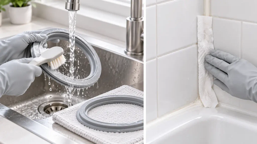Removable silicone gasket washing compared with paper towel cleaning of fixed bathroom sealant