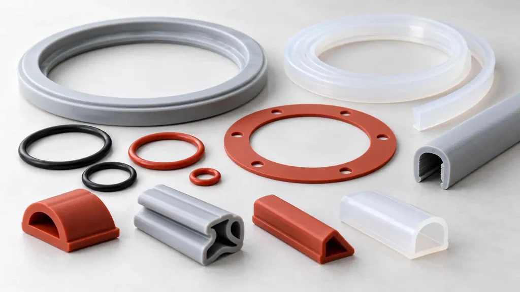 Different silicone seal profiles, O-rings, gaskets and extruded sealing strips