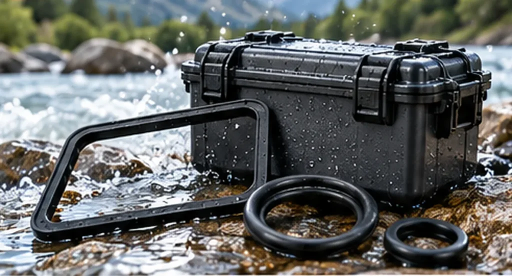 Outdoor waterproof equipment enclosure with silicone gaskets exposed to rain and splashing water`