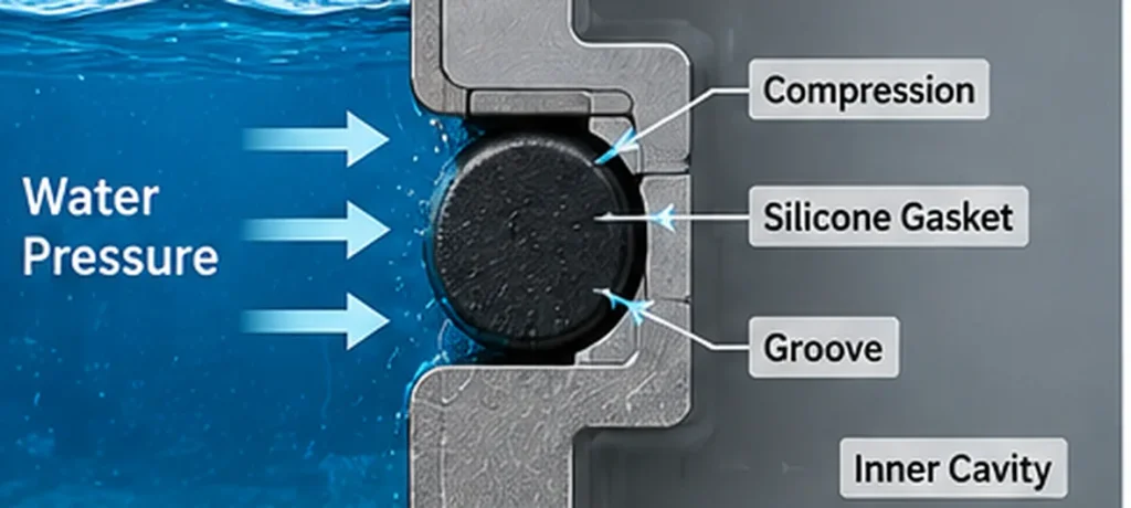 Cross section of a compressed silicone gasket in a groove resisting external water pressure`