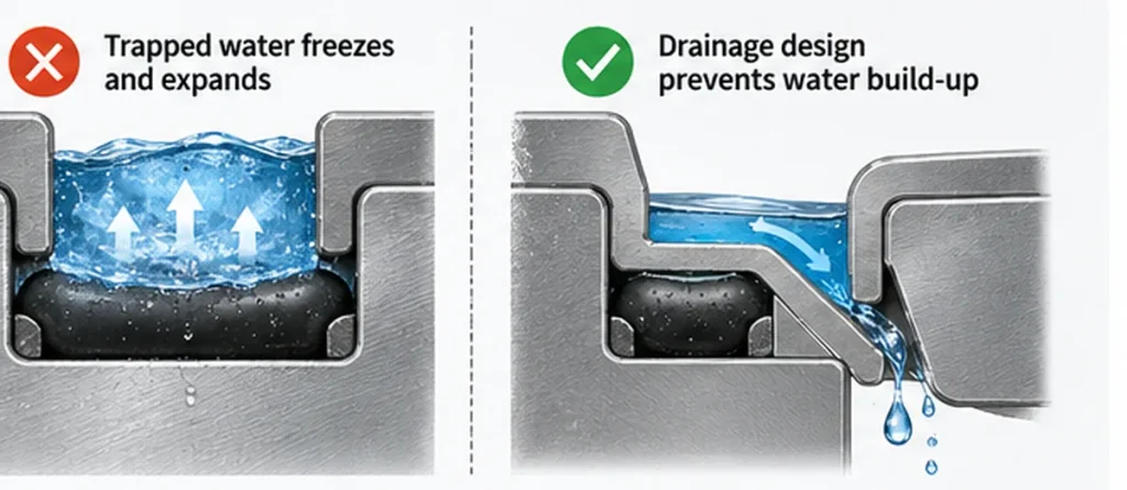 Comparison of trapped water freezing in a silicone seal groove and a drainage design that prevents water build-up`
