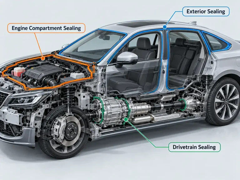 Automotive silicone seals in exterior engine compartment and drivetrain