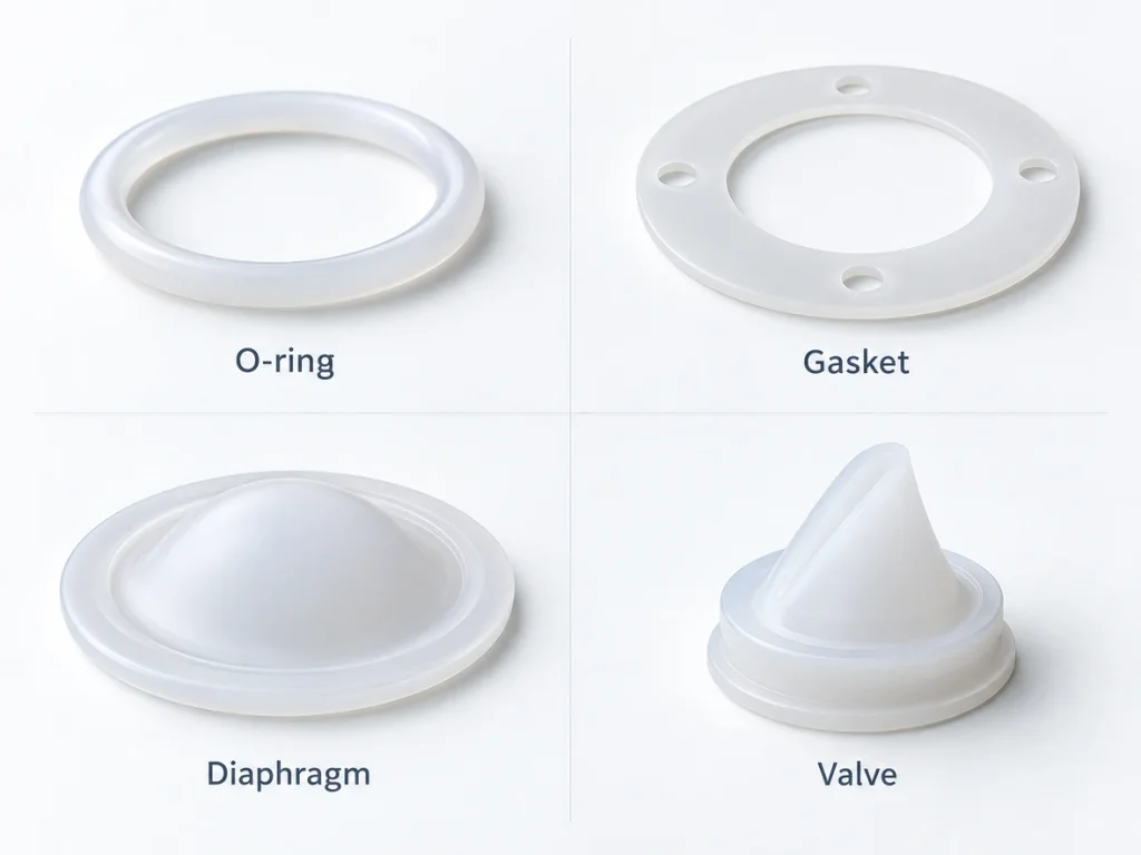 Four common silicone seal types including O-ring gasket diaphragm and valve