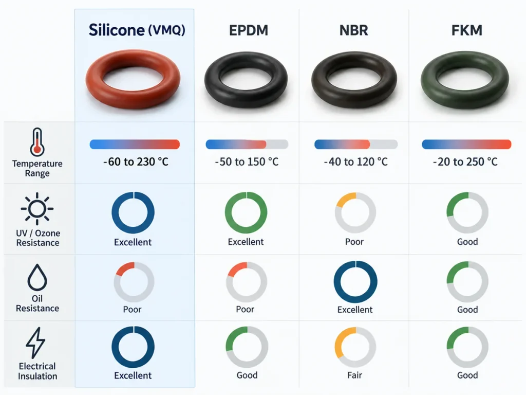 Silicone EPDM NBR and FKM elastomer comparison for automotive seals