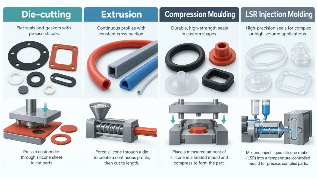  Comparison of die cutting extrusion compression molding and LSR injection molding for silicone seals