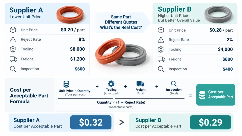 Silicone seal supplier quote comparison using cost per acceptable part rather than unit price
